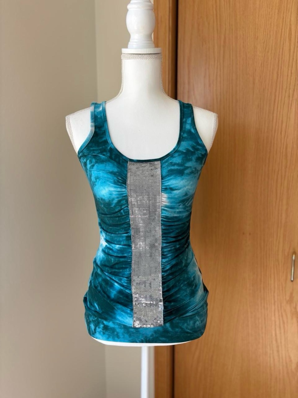 Y2K Bisou Bisou Teal Tie-Dye Racerback Tank with Silver Sequin Panel